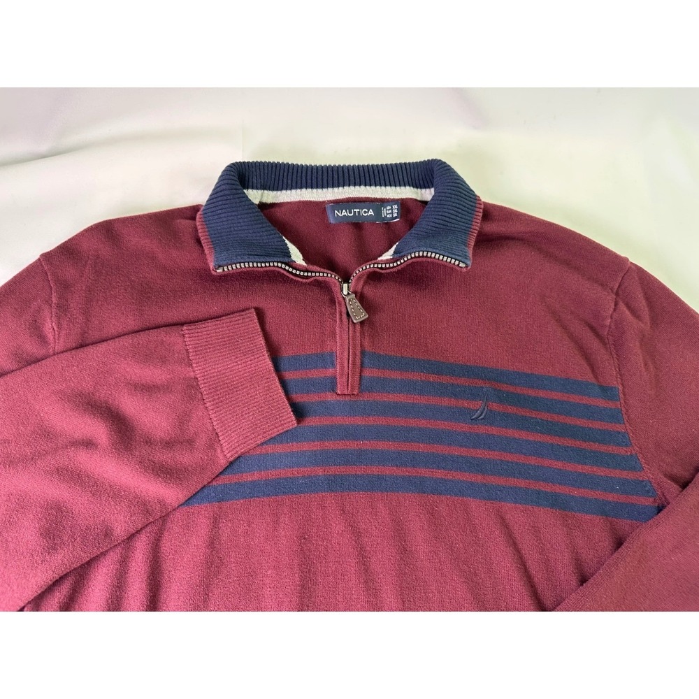Nautica Mens Burgundy Navy Stripe Quarter‎ Zip Pullover Sweater 2XL 100% Cotton
